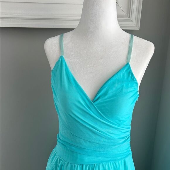 Vintage Necessary Objects Turquoise Faux Wrap Mesh Formal Midi Dress - Picture 3 of 15